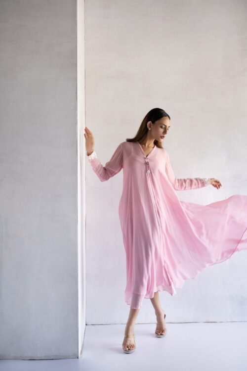 PINK-THREAD EMBROIDERY -GEORGETTE A-LINE DRAPE DRESS