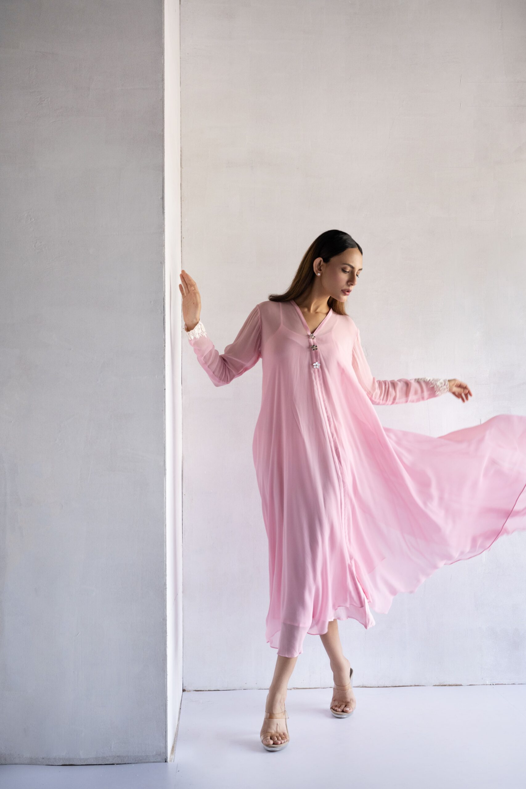 PINK-THREAD EMBROIDERY -GEORGETTE A-LINE DRAPE DRESS