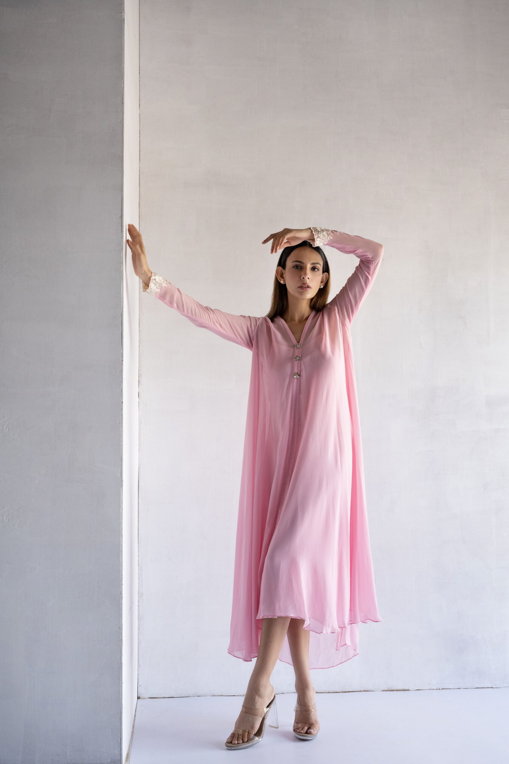 PINK-THREAD EMBROIDERY -GEORGETTE A-LINE DRAPE DRESS - Image 2