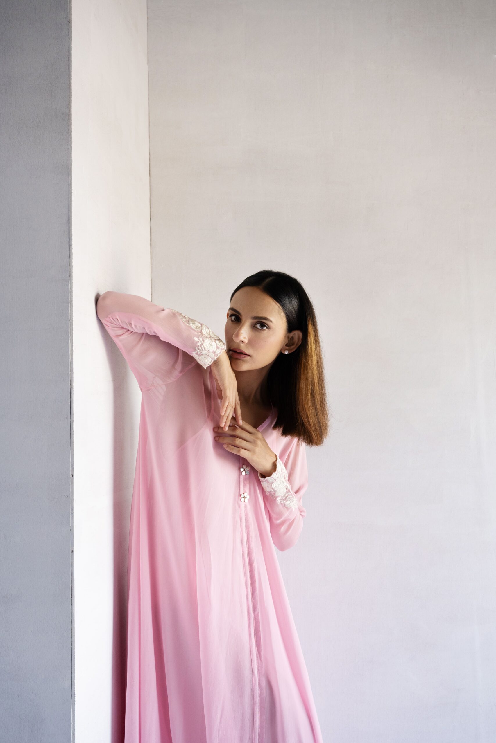 PINK-THREAD EMBROIDERY -GEORGETTE A-LINE DRAPE DRESS - Image 3