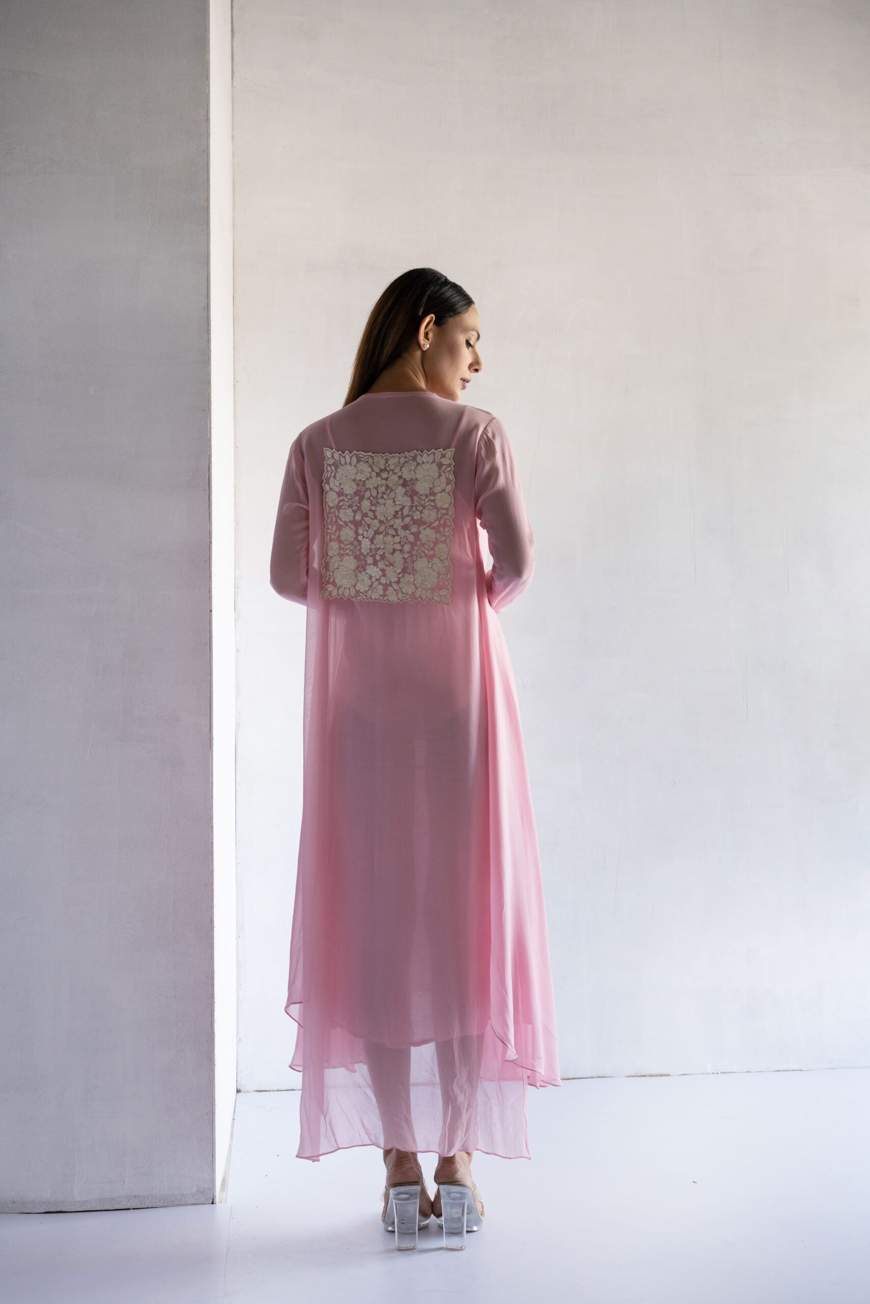 PINK-THREAD EMBROIDERY -GEORGETTE A-LINE DRAPE DRESS - Image 4