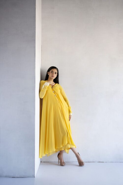 YELLOW-THREAD EMBROIDERY -GEORGETTE A-LINE DRAPE DRESS