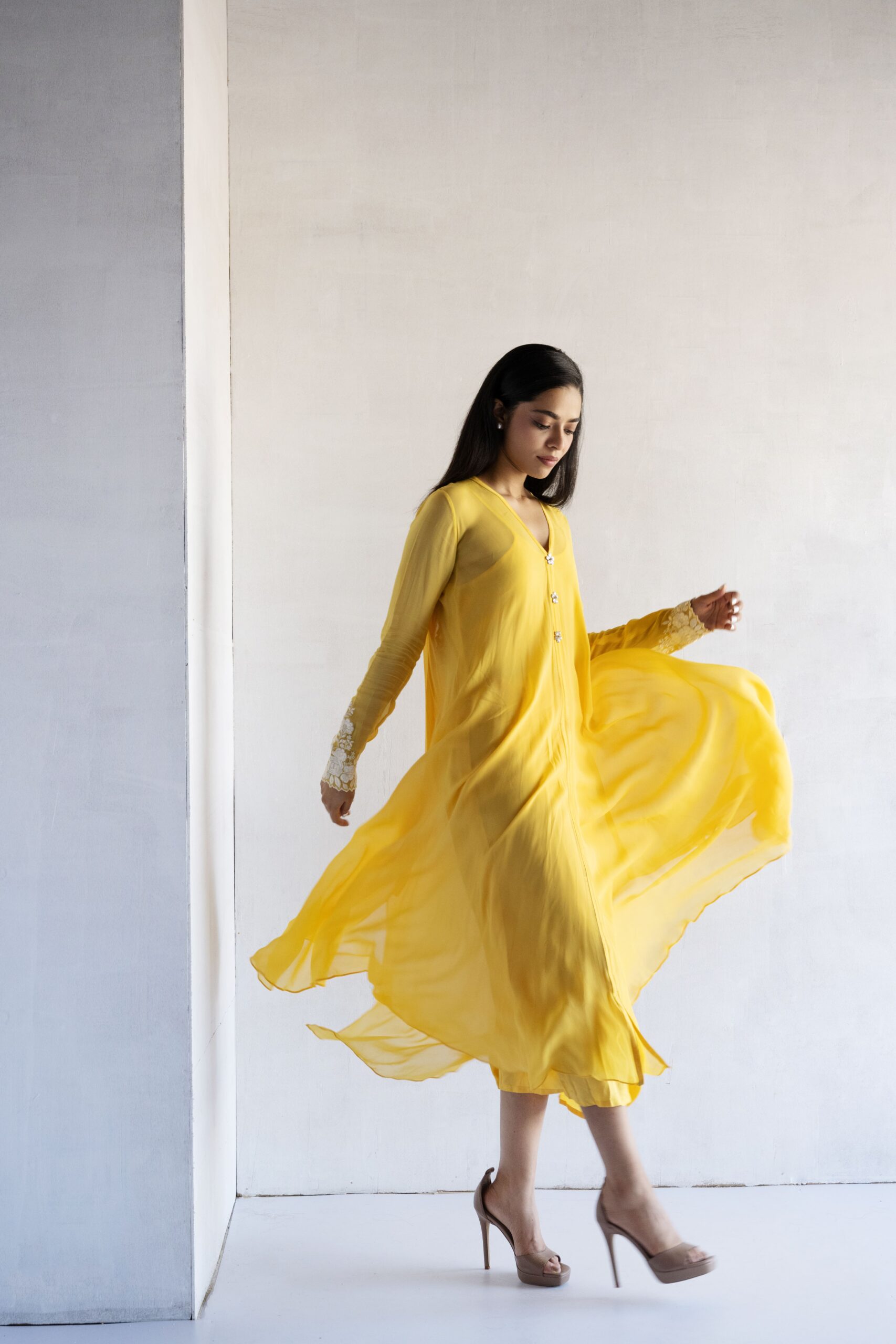YELLOW-THREAD EMBROIDERY -GEORGETTE A-LINE DRAPE DRESS - Image 2
