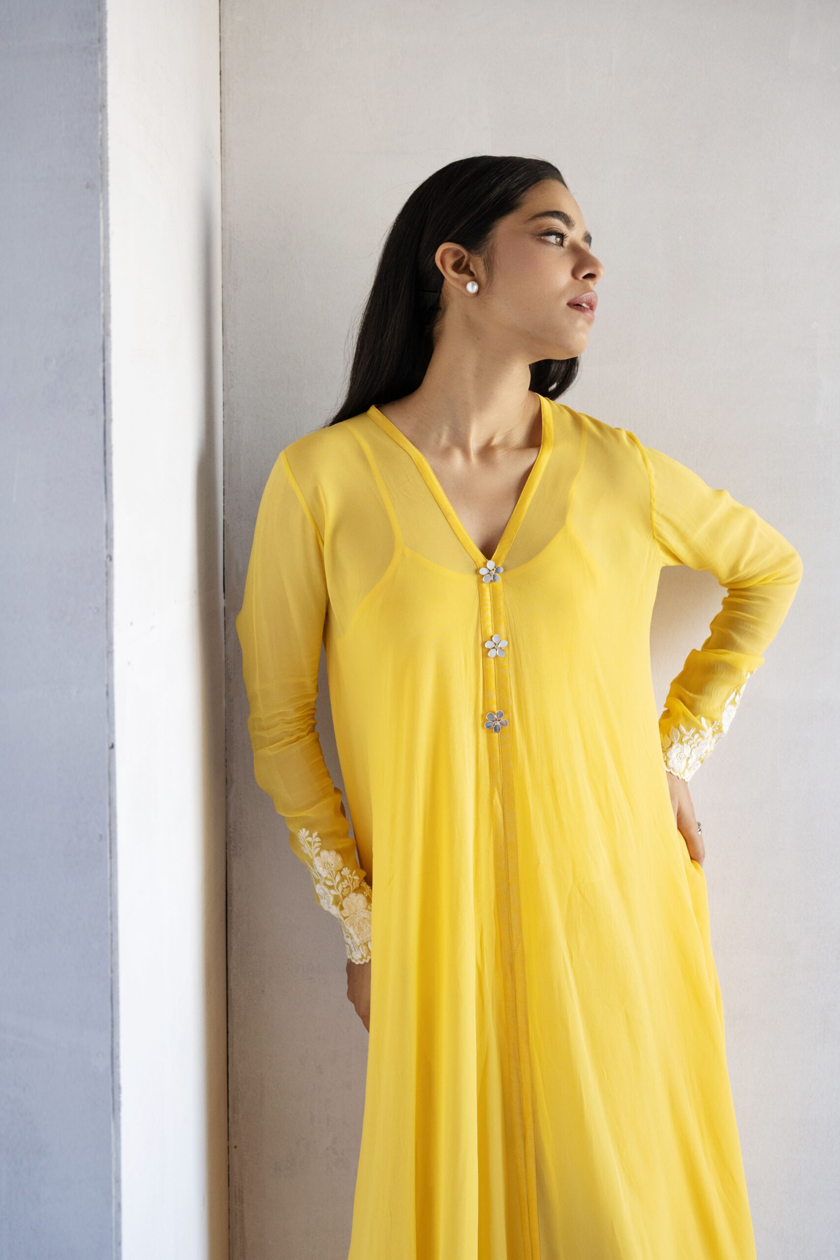 YELLOW-THREAD EMBROIDERY -GEORGETTE A-LINE DRAPE DRESS - Image 3