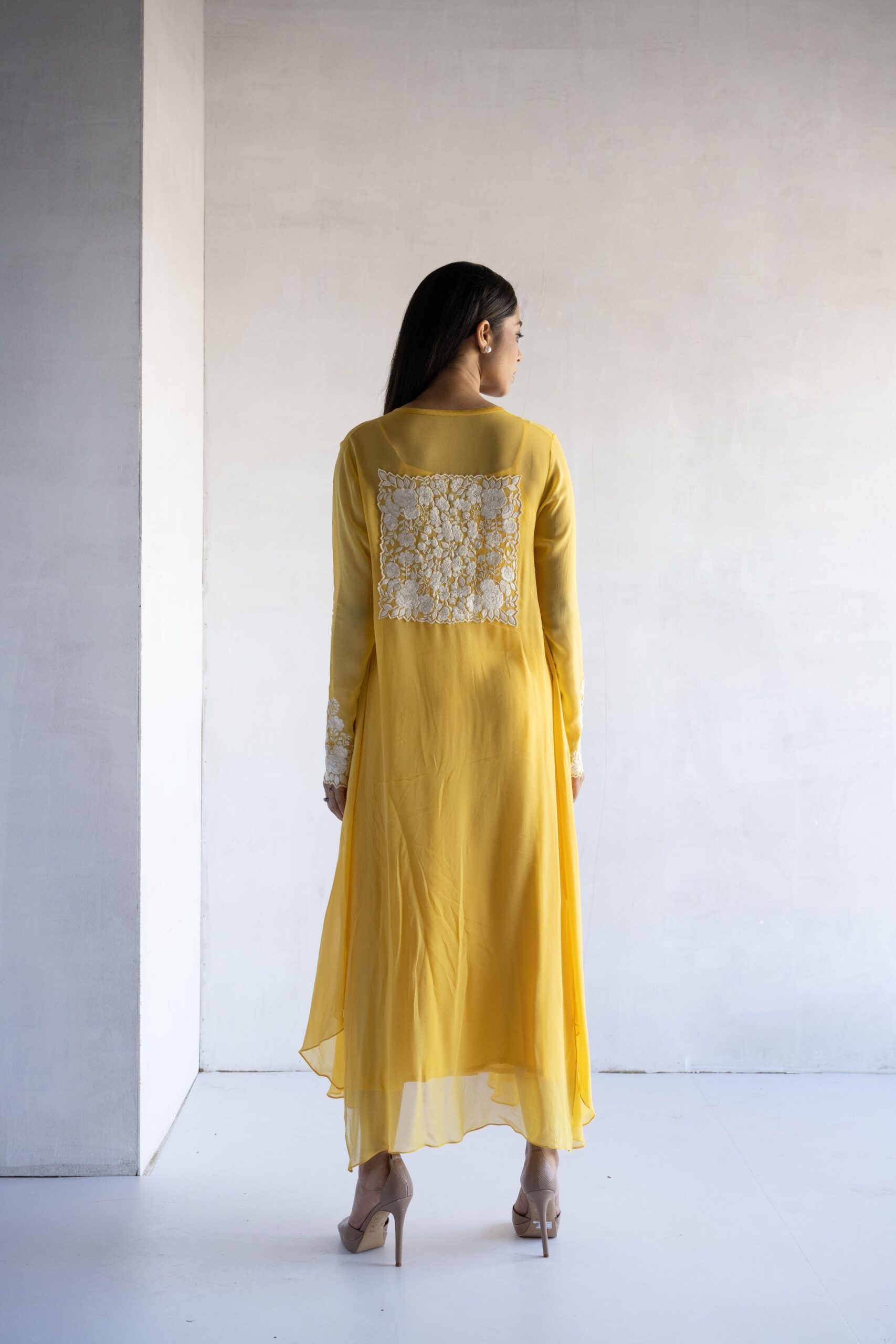 YELLOW-THREAD EMBROIDERY -GEORGETTE A-LINE DRAPE DRESS - Image 4