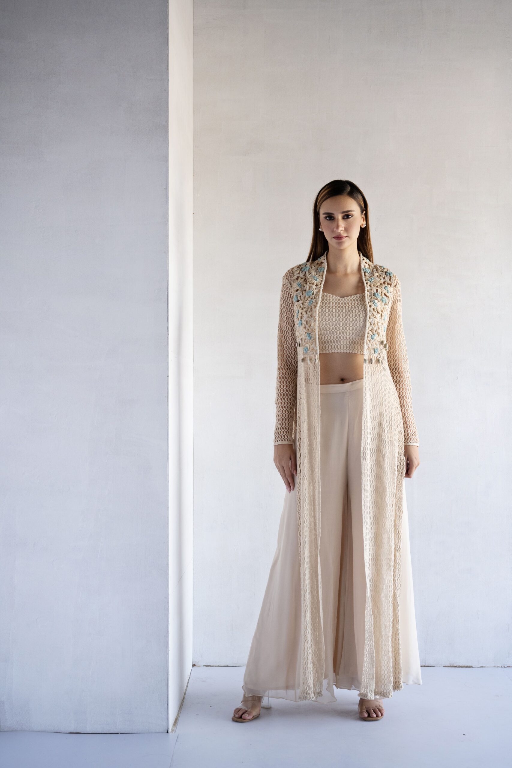 BLUE-THREAD AND PEARL EMBROIDERY CROCHET AND GEORGETTE CROP TOP AND PLAZZO WITH JACKET - Image 3