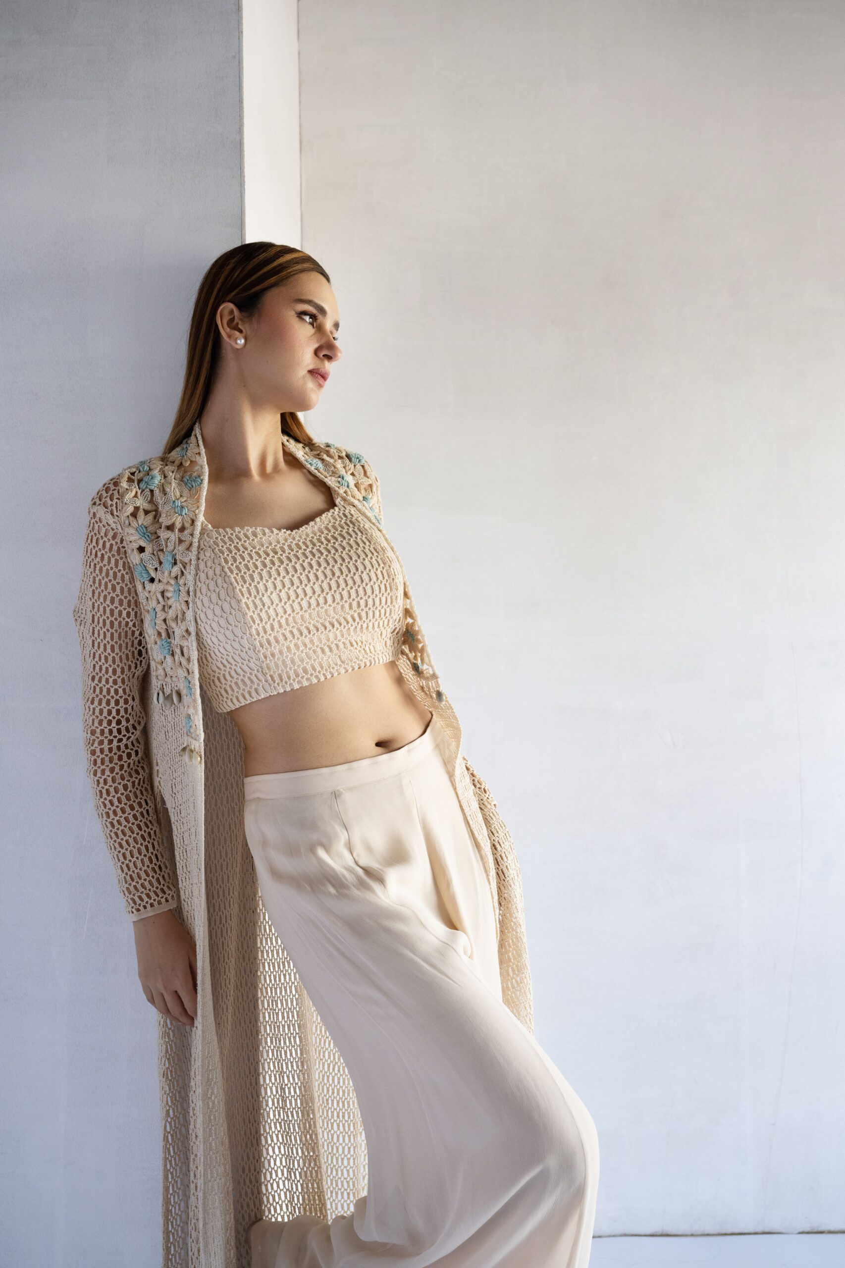 BLUE-THREAD AND PEARL EMBROIDERY CROCHET AND GEORGETTE CROP TOP AND PLAZZO WITH JACKET - Image 2