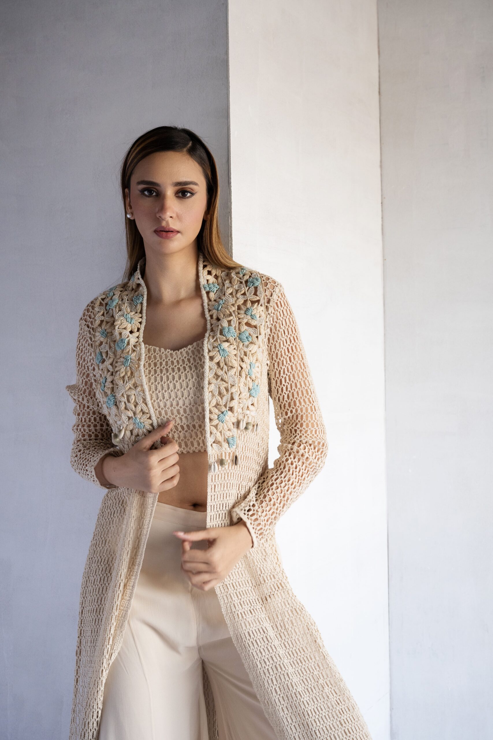 BLUE-THREAD AND PEARL EMBROIDERY CROCHET AND GEORGETTE CROP TOP AND PLAZZO WITH JACKET
