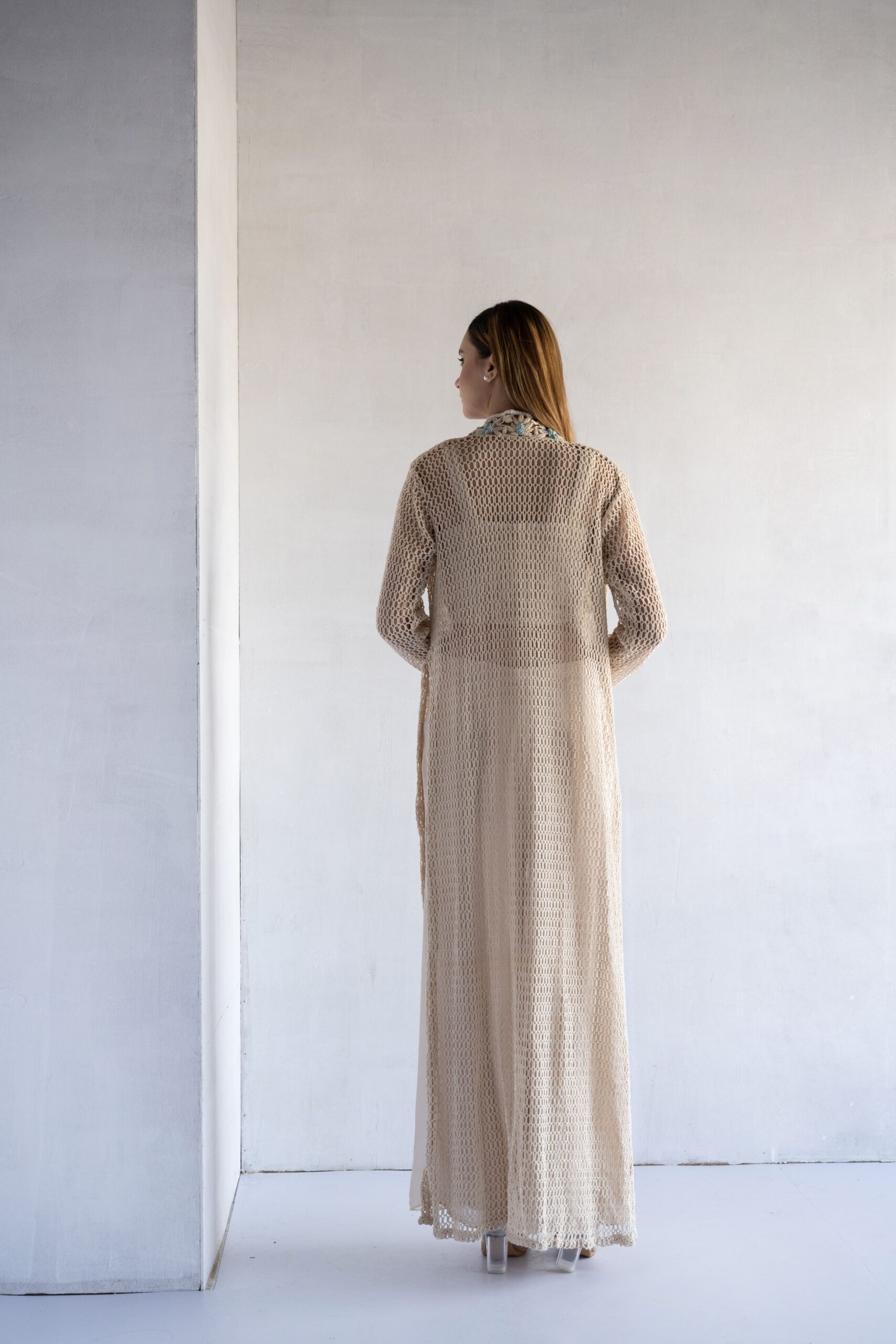 BLUE-THREAD AND PEARL EMBROIDERY CROCHET AND GEORGETTE CROP TOP AND PLAZZO WITH JACKET - Image 4