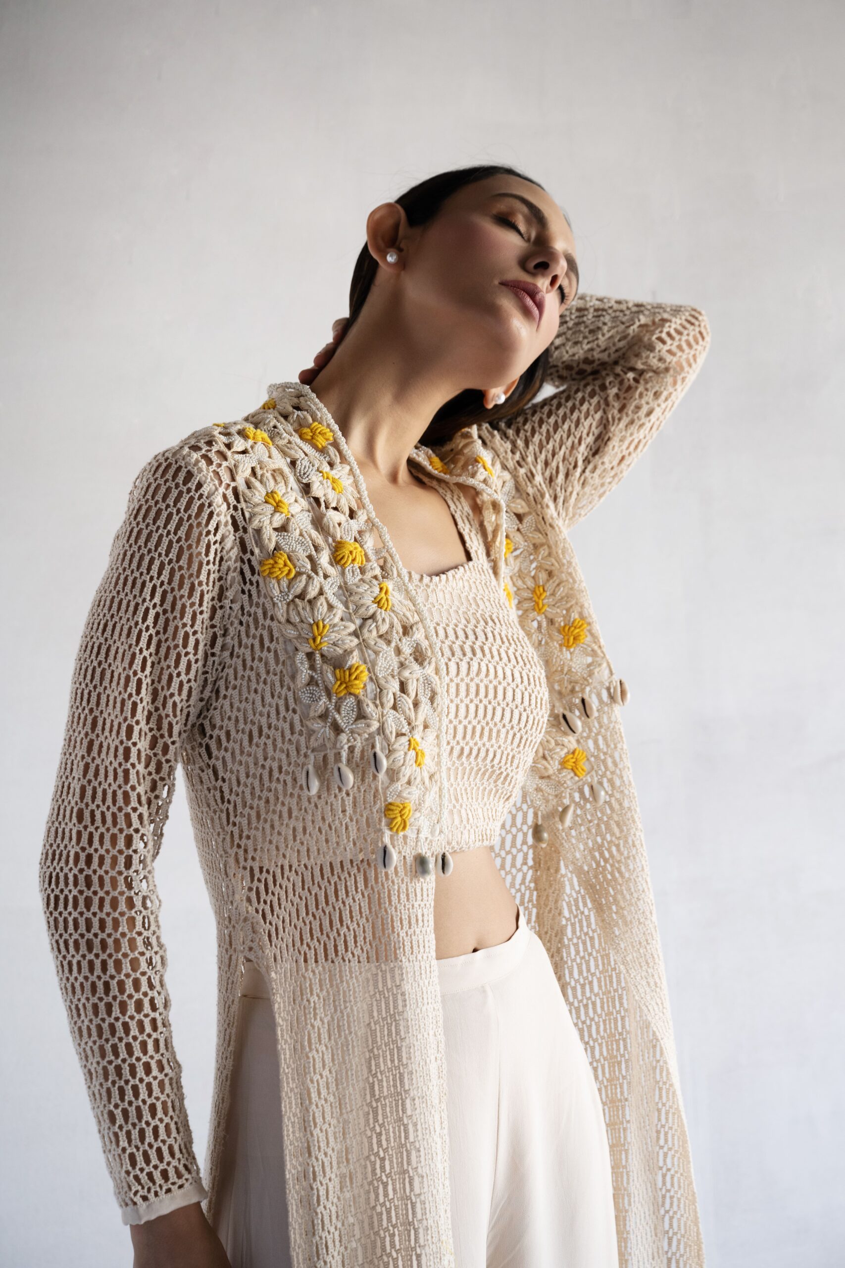 YELLOW-THREAD AND PEARL EMBROIDERY CROCHET AND GEORGETTE CROP TOP AND PLAZZO WITH JACKET - Image 3