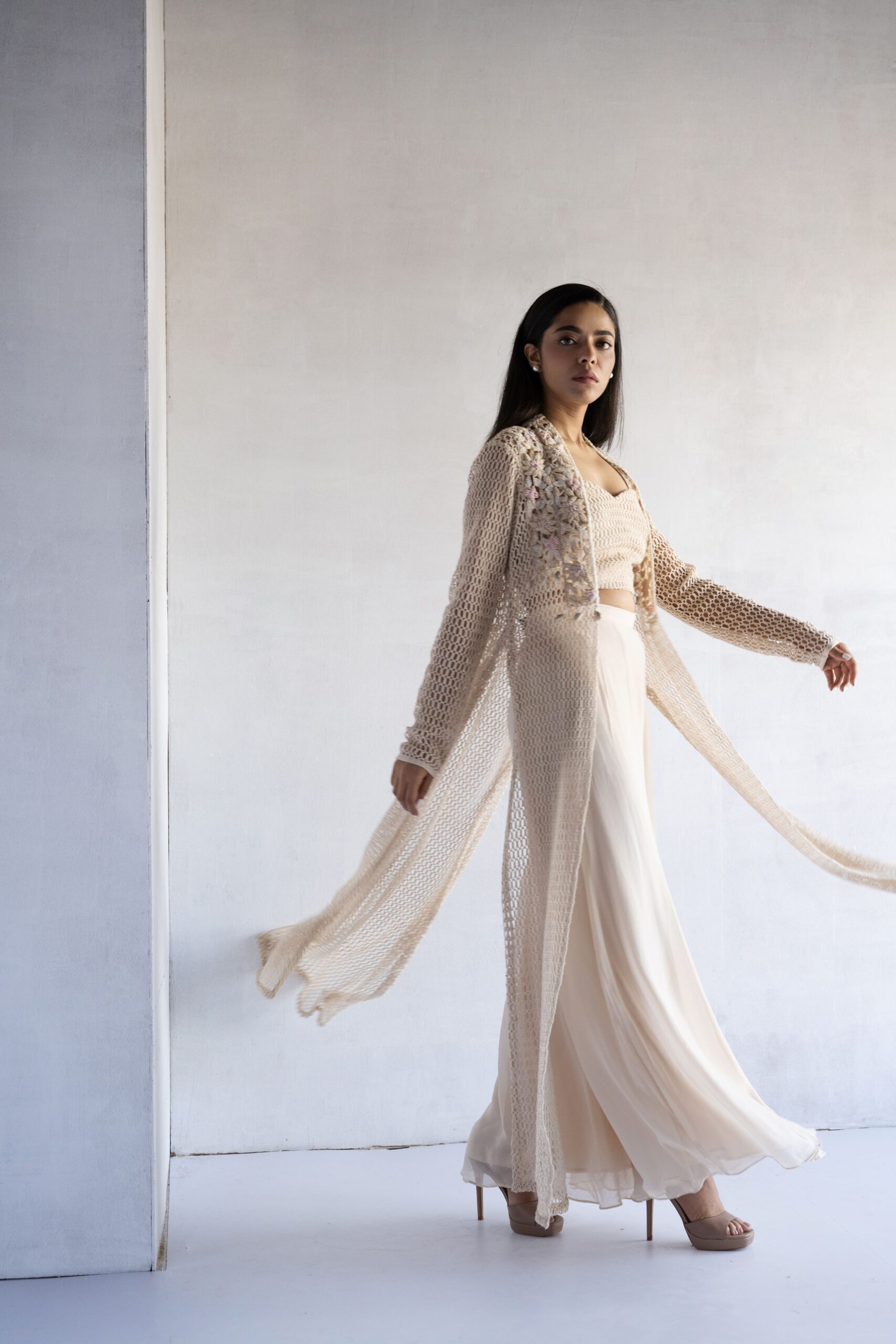 PINK-THREAD AND PEARL EMBROIDERY CROCHET AND GEORGETTE CROP TOP AND PLAZZO WITH JACKET