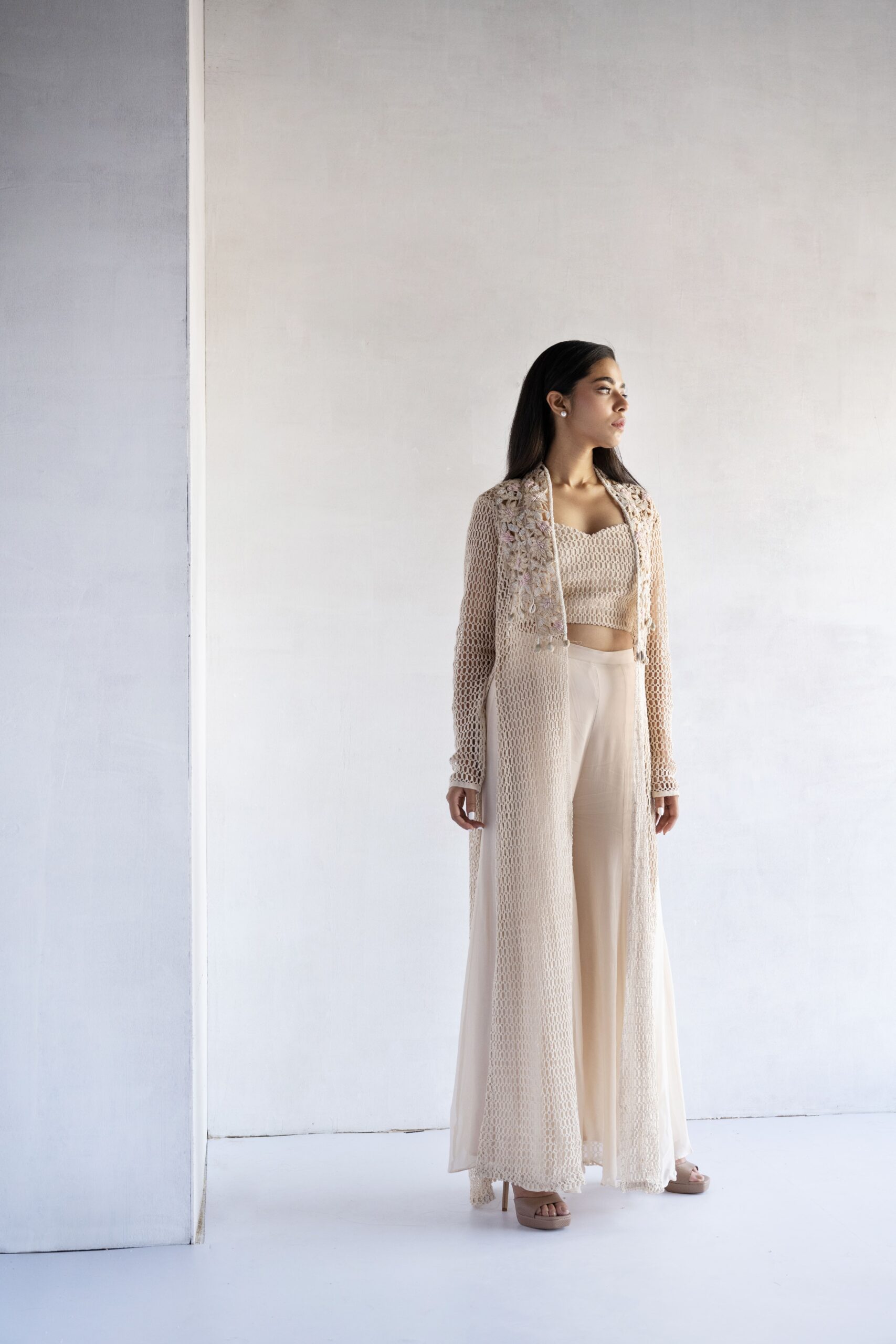 PINK-THREAD AND PEARL EMBROIDERY CROCHET AND GEORGETTE CROP TOP AND PLAZZO WITH JACKET - Image 4