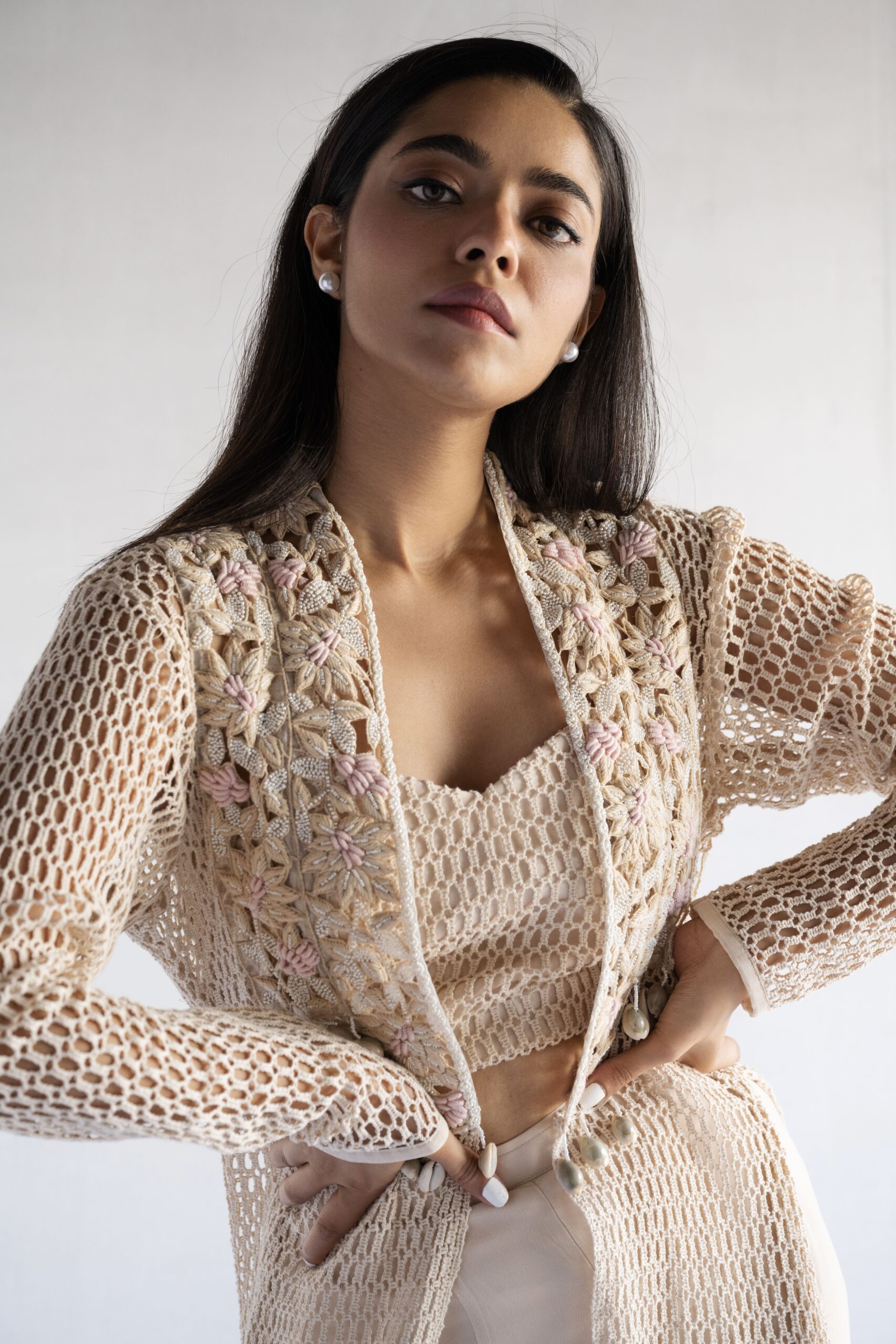 PINK-THREAD AND PEARL EMBROIDERY CROCHET AND GEORGETTE CROP TOP AND PLAZZO WITH JACKET - Image 2
