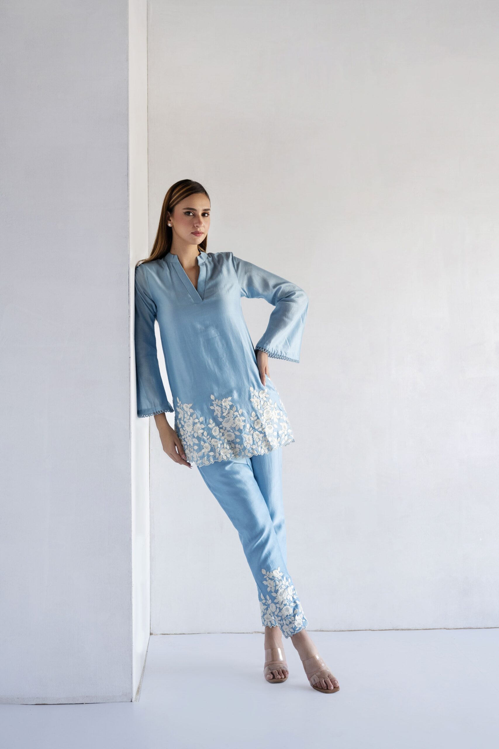 POWDER BLUE-THREAD EMBROIDERY -PURE CHANDERI COORDINATE SETS