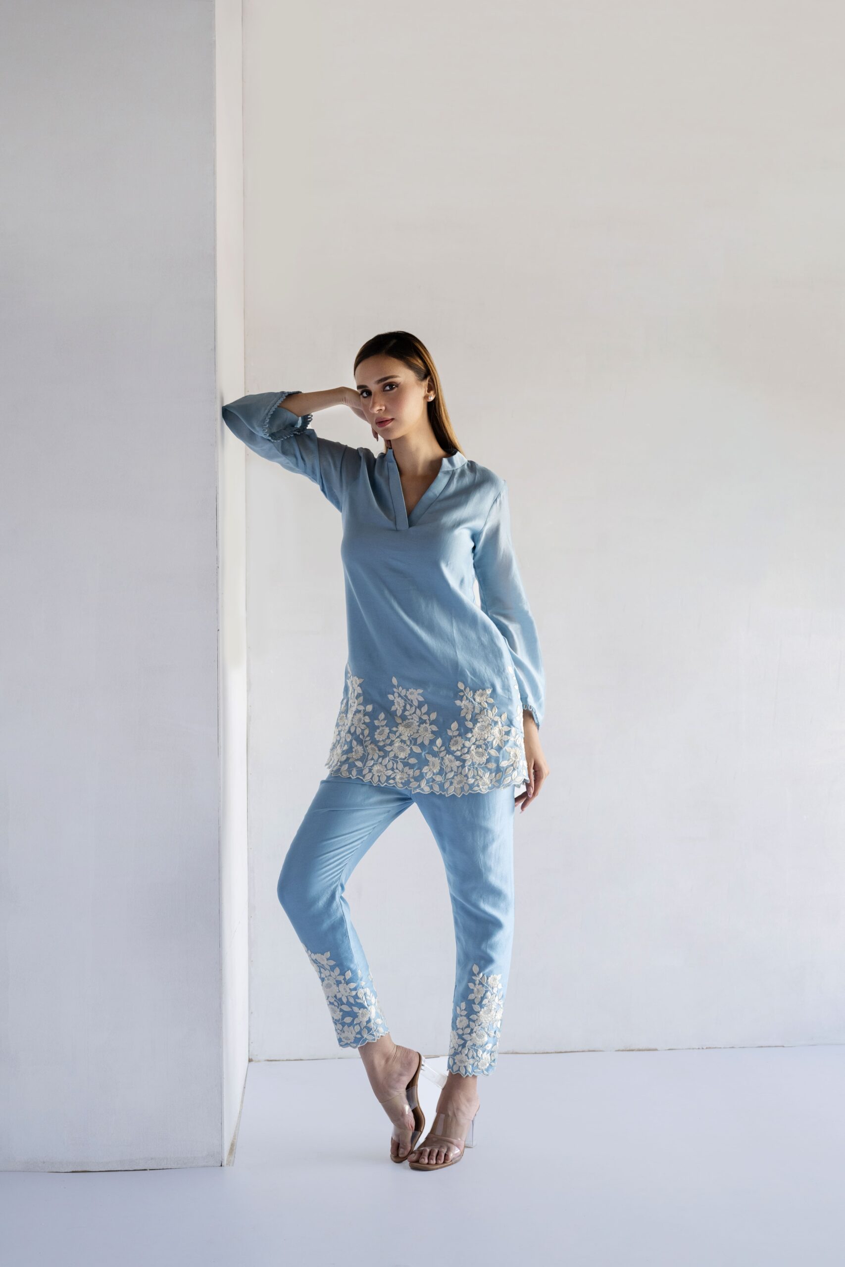 POWDER BLUE-THREAD EMBROIDERY -PURE CHANDERI COORDINATE SETS - Image 2