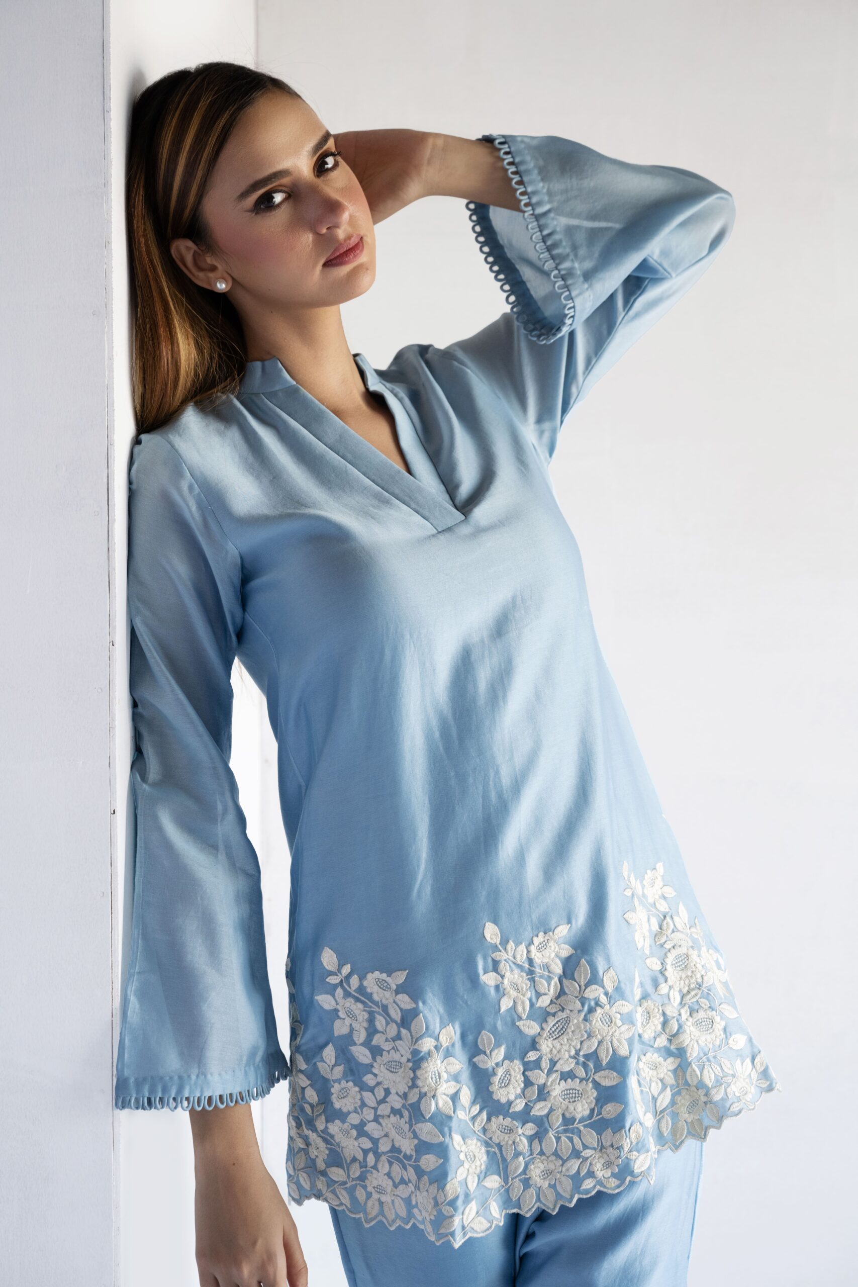 POWDER BLUE-THREAD EMBROIDERY -PURE CHANDERI COORDINATE SETS - Image 3