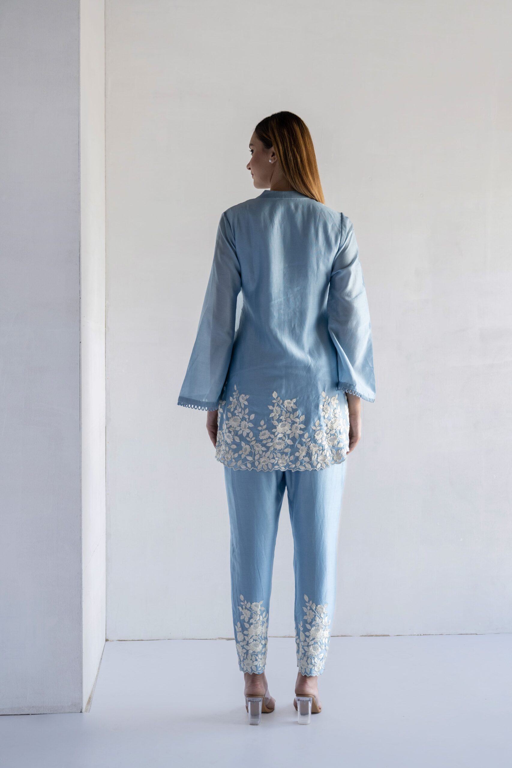 POWDER BLUE-THREAD EMBROIDERY -PURE CHANDERI COORDINATE SETS - Image 4