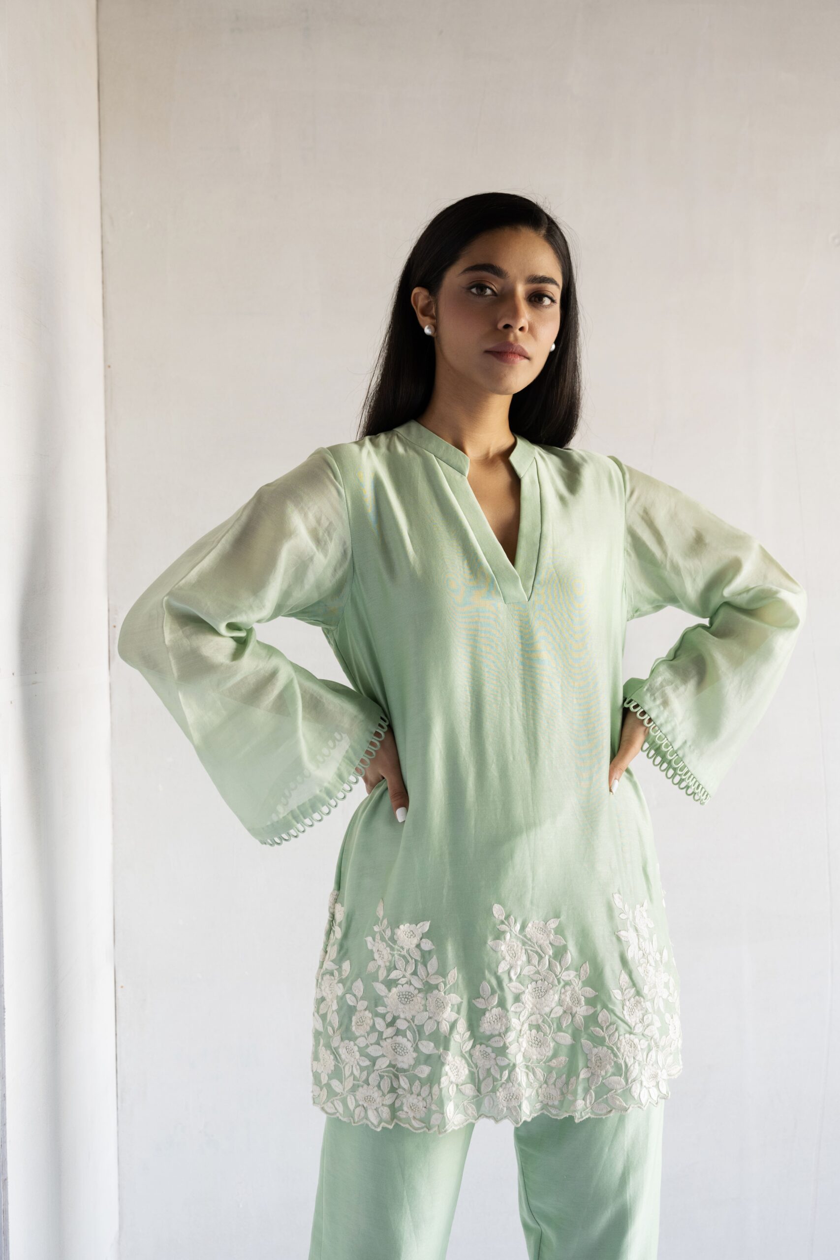 GREEN-THREAD EMBROIDERY -PURE CHANDERI COORDINATE SETS - Image 3