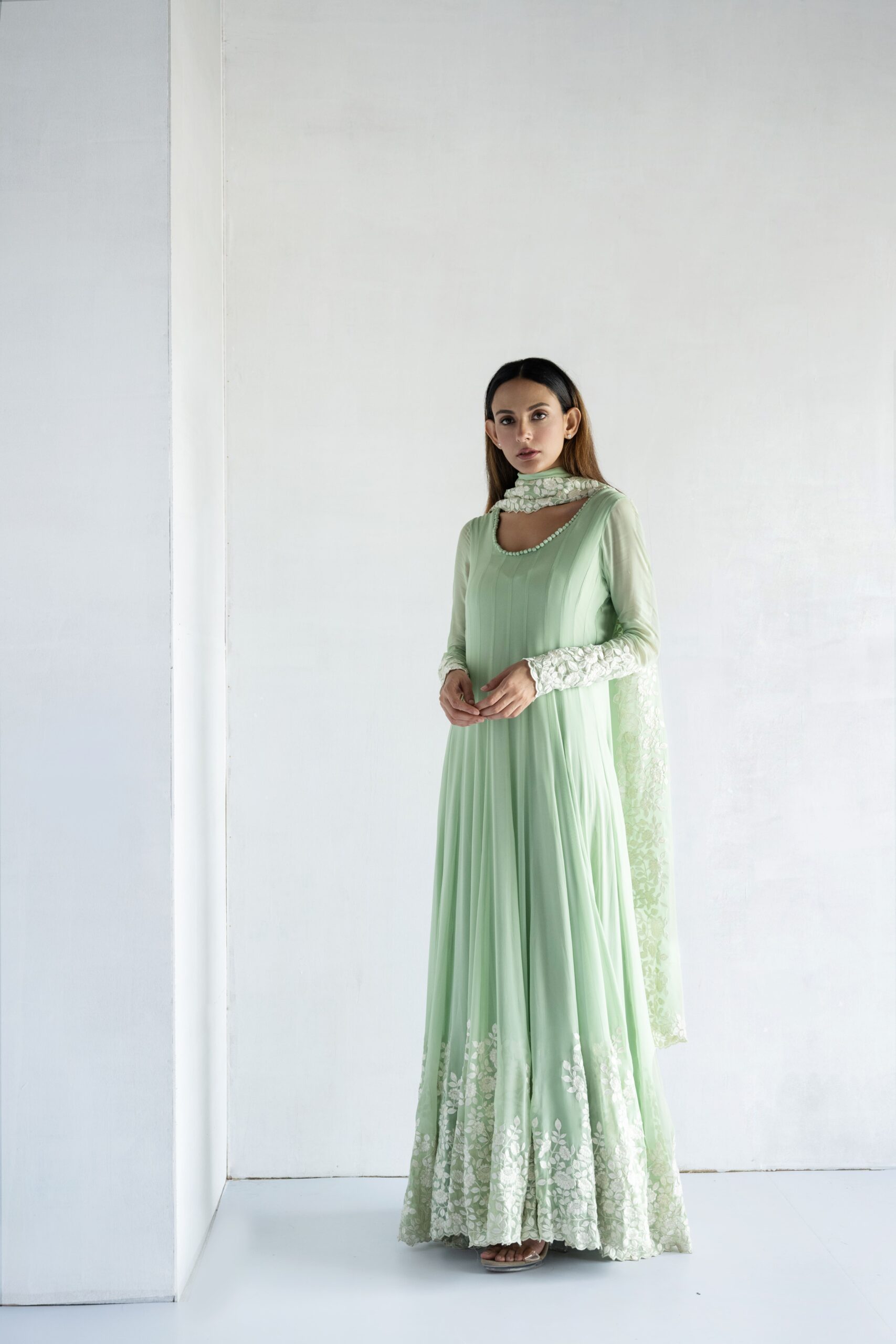GREEN-THREAD EMBROIDERY -GEORGETTE ANARKALI