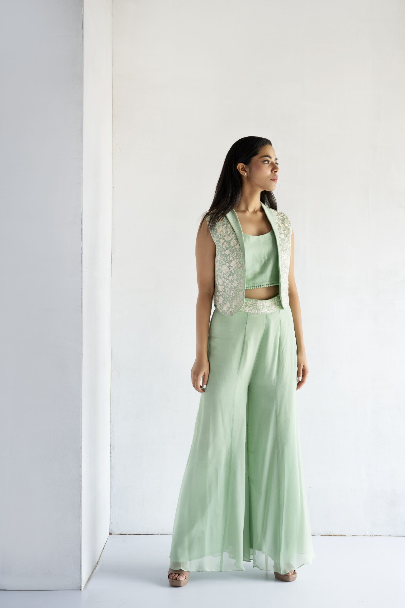 GREEN-THREAD EMBROIDERY -PURE CHANDERI AND GEORGETTE CROP TOP AND PLAZZO