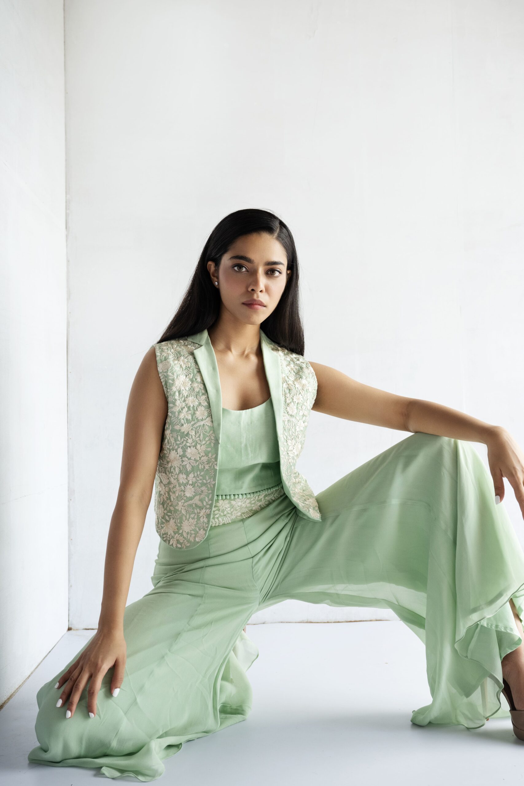 GREEN-THREAD EMBROIDERY -PURE CHANDERI AND GEORGETTE CROP TOP AND PLAZZO - Image 2