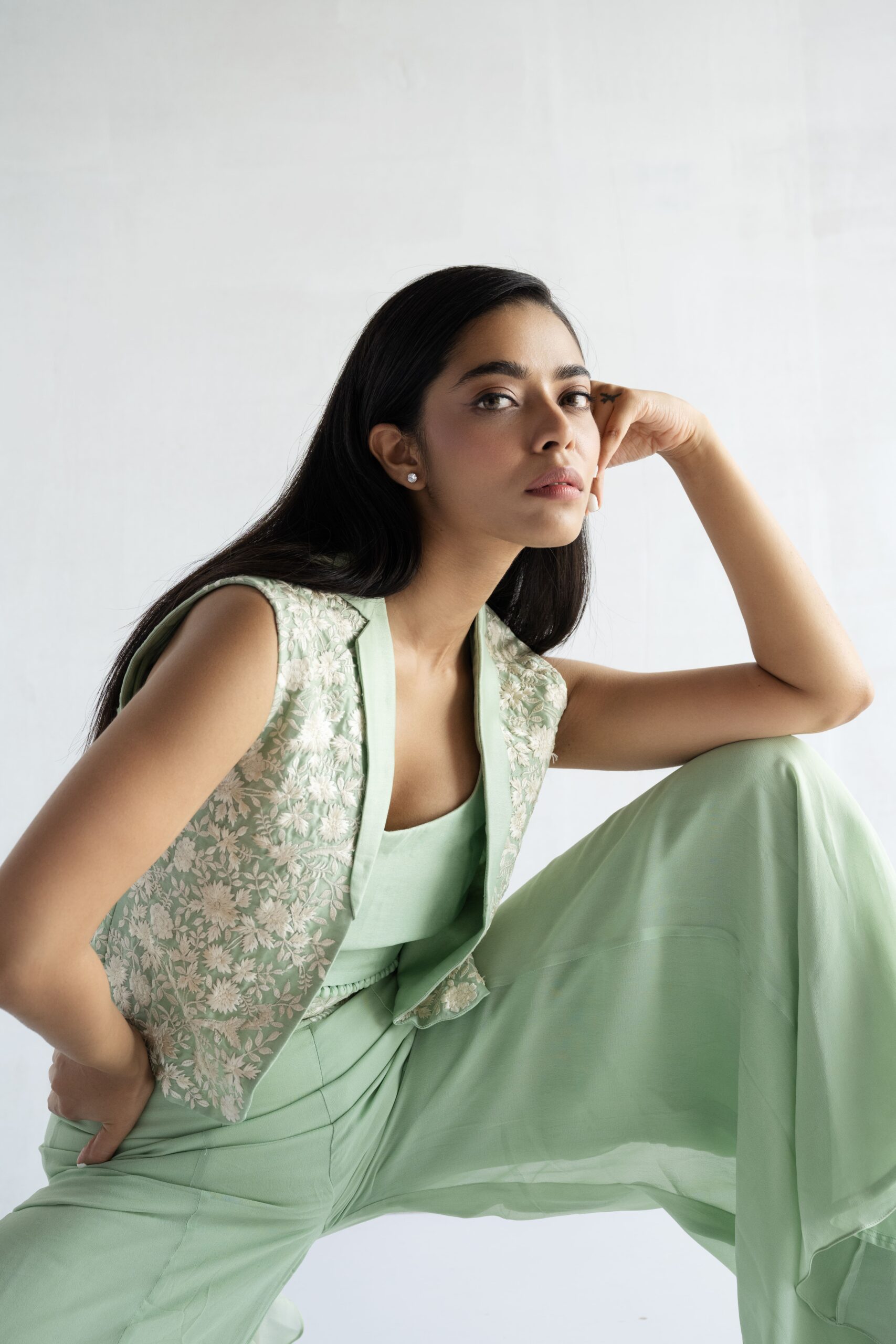 GREEN-THREAD EMBROIDERY -PURE CHANDERI AND GEORGETTE CROP TOP AND PLAZZO - Image 3