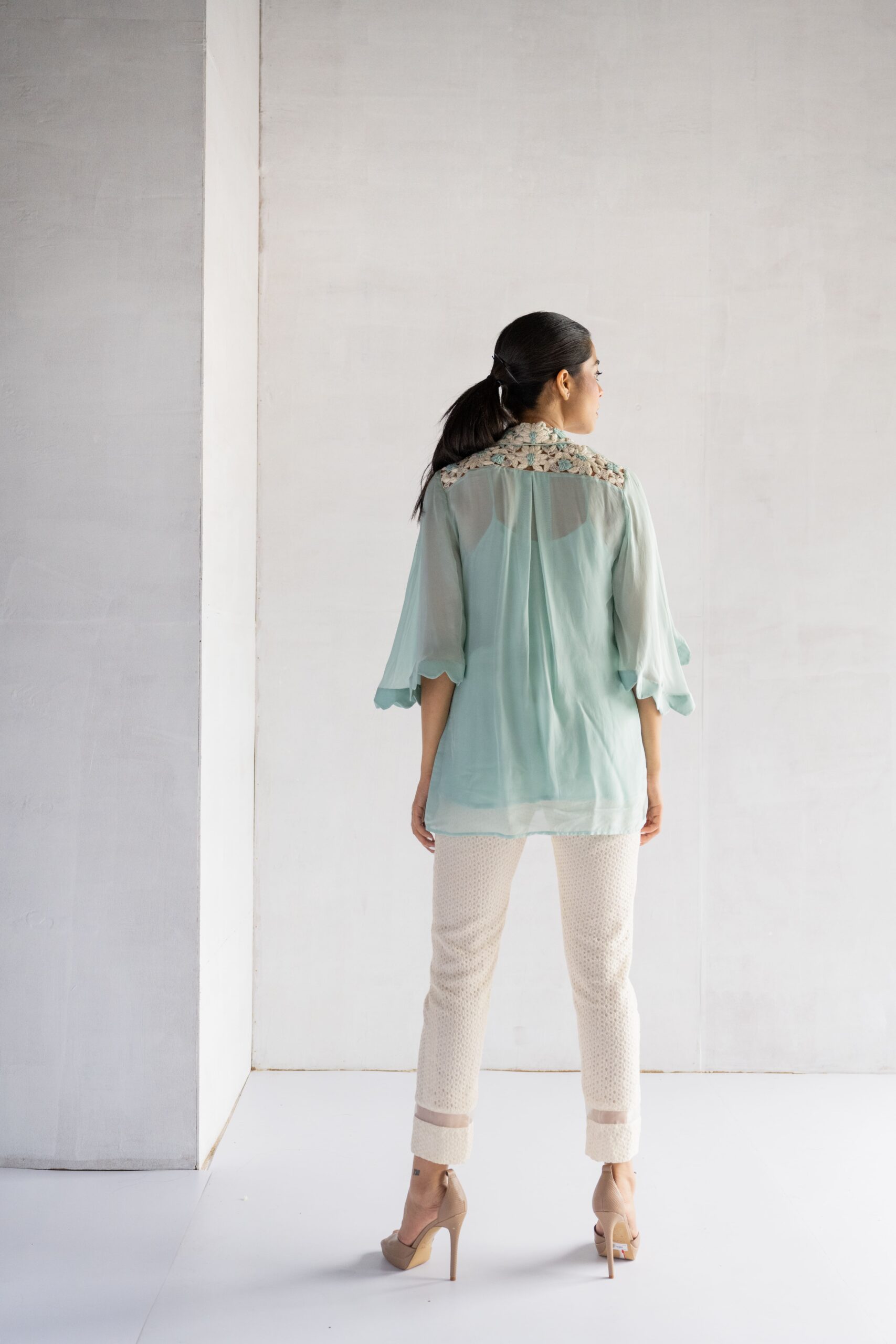 BLUE-THREAD AND PEARL EMBROIDERY -PURE SOFT ORGANZA SHORT SHIRT - Image 4