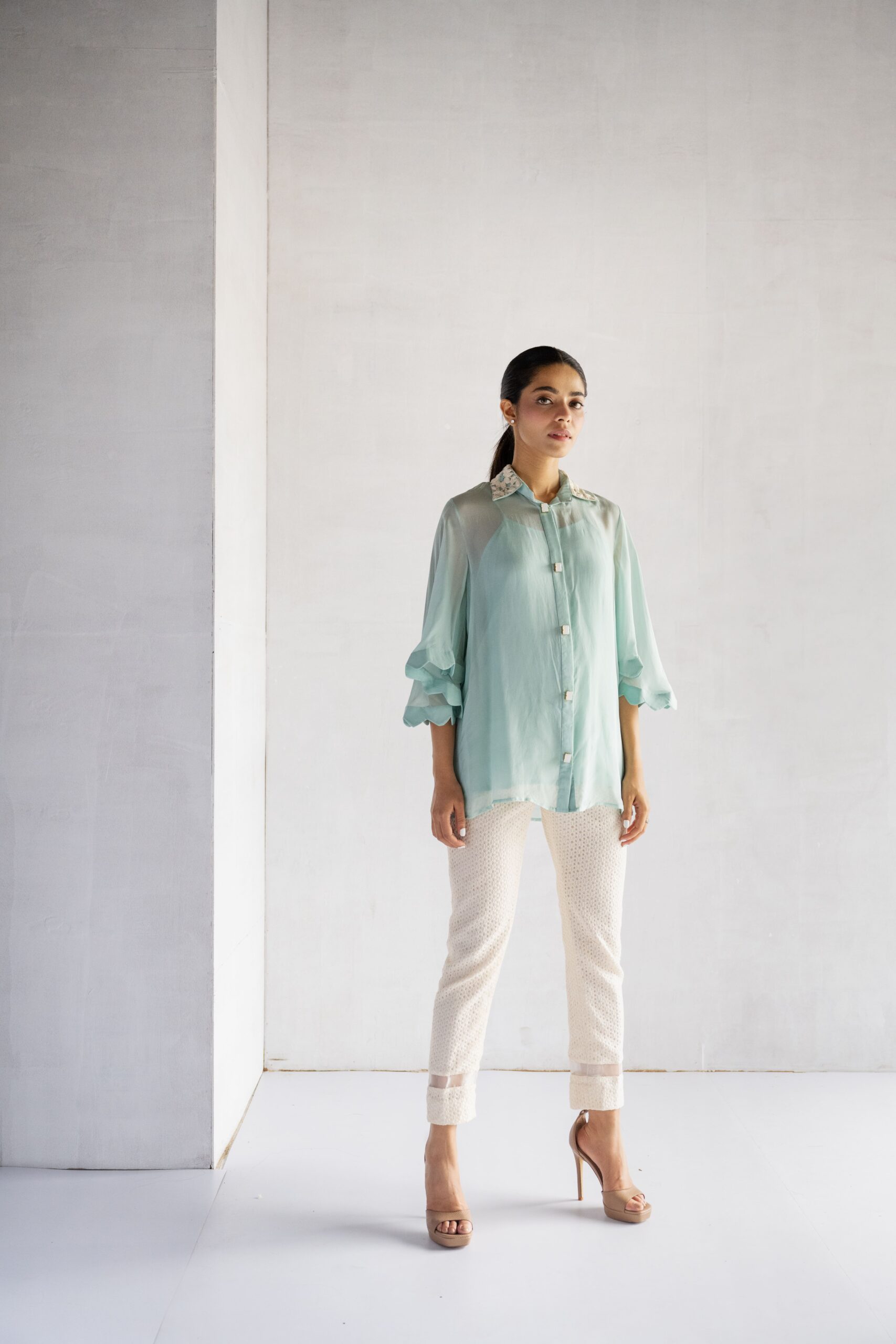 BLUE-THREAD AND PEARL EMBROIDERY -PURE SOFT ORGANZA SHORT SHIRT - Image 3