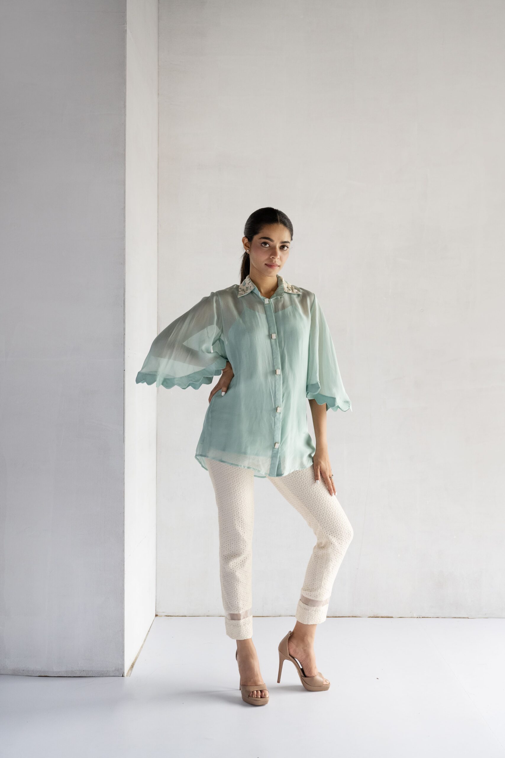 BLUE-THREAD AND PEARL EMBROIDERY -PURE SOFT ORGANZA SHORT SHIRT - Image 2