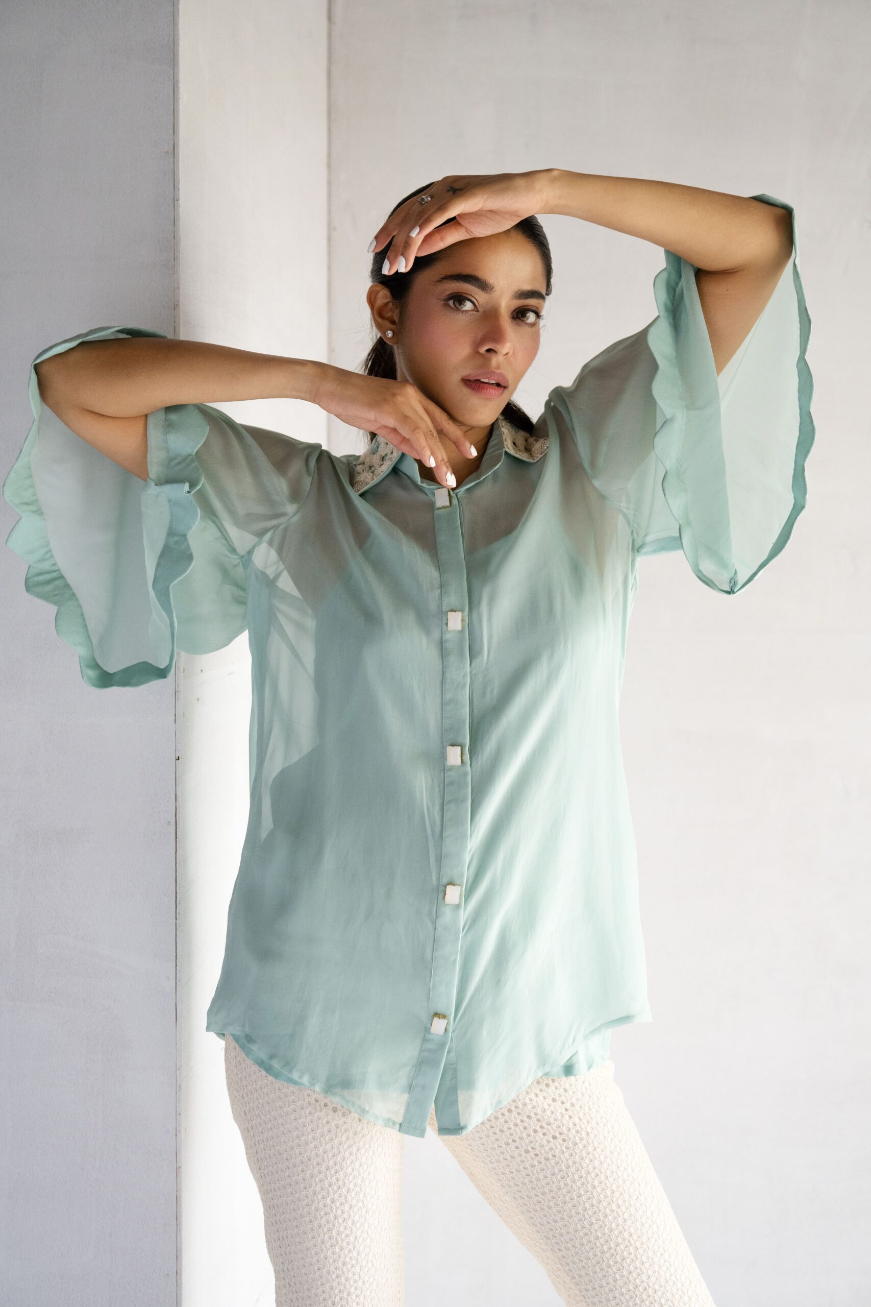 BLUE-THREAD AND PEARL EMBROIDERY -PURE SOFT ORGANZA SHORT SHIRT