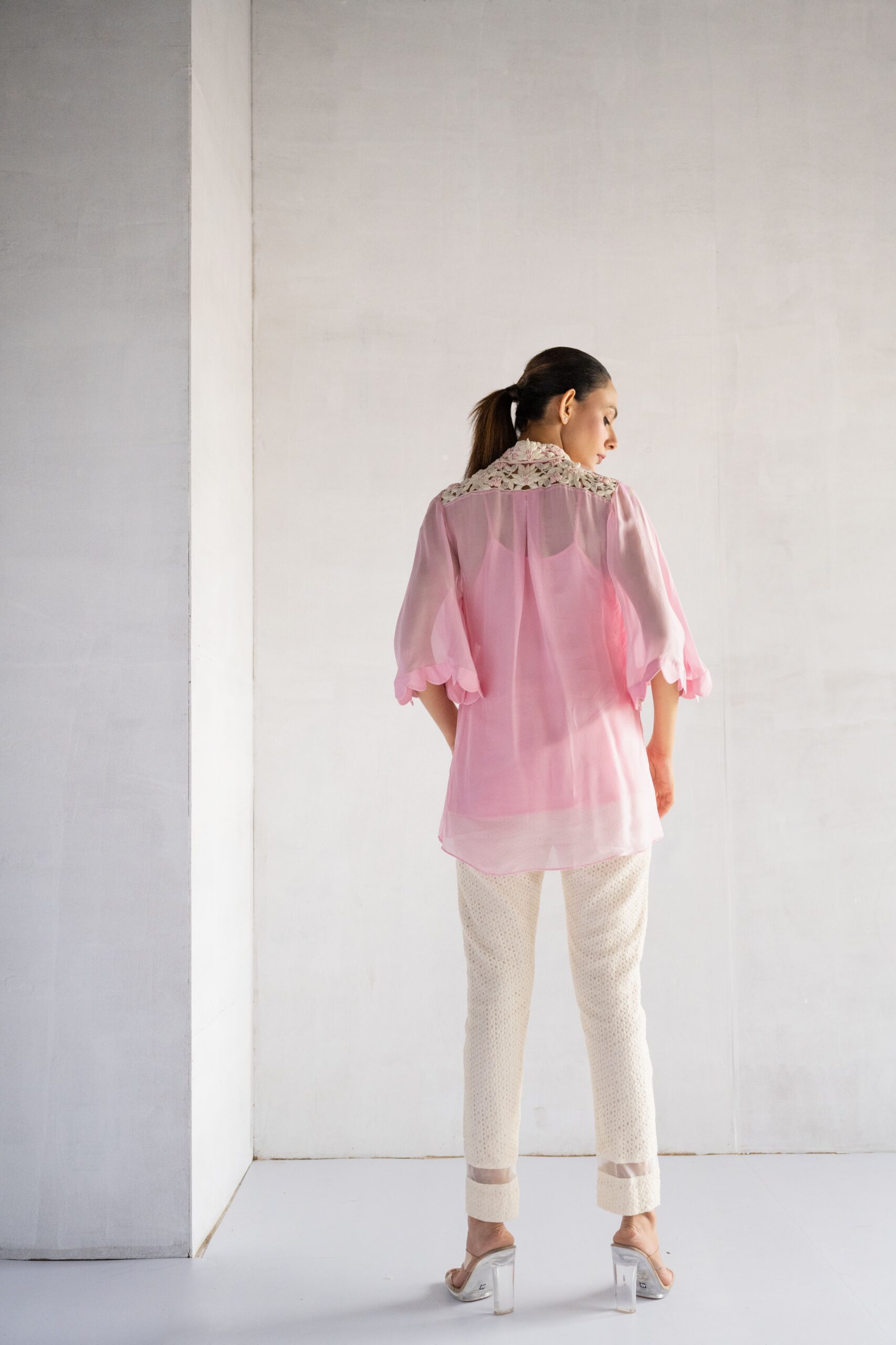 PINK-THREAD AND PEARL EMBROIDERY -PURE SOFT ORGANZA SHORT SHIRT - Image 4