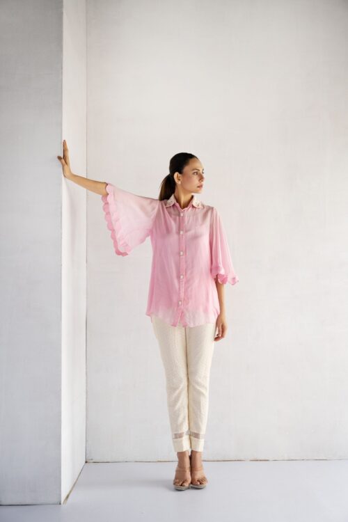 PINK-THREAD AND PEARL EMBROIDERY -PURE SOFT ORGANZA SHORT SHIRT