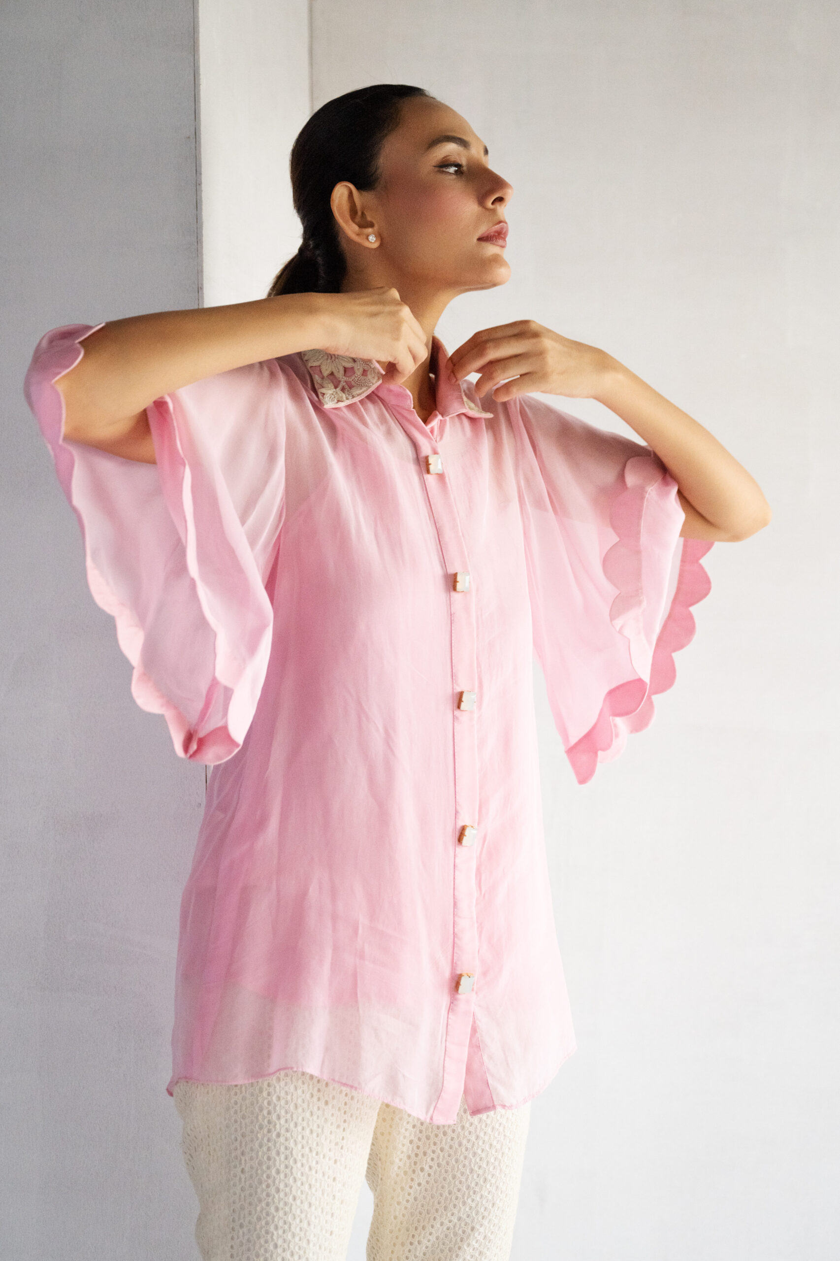 PINK-THREAD AND PEARL EMBROIDERY -PURE SOFT ORGANZA SHORT SHIRT - Image 2
