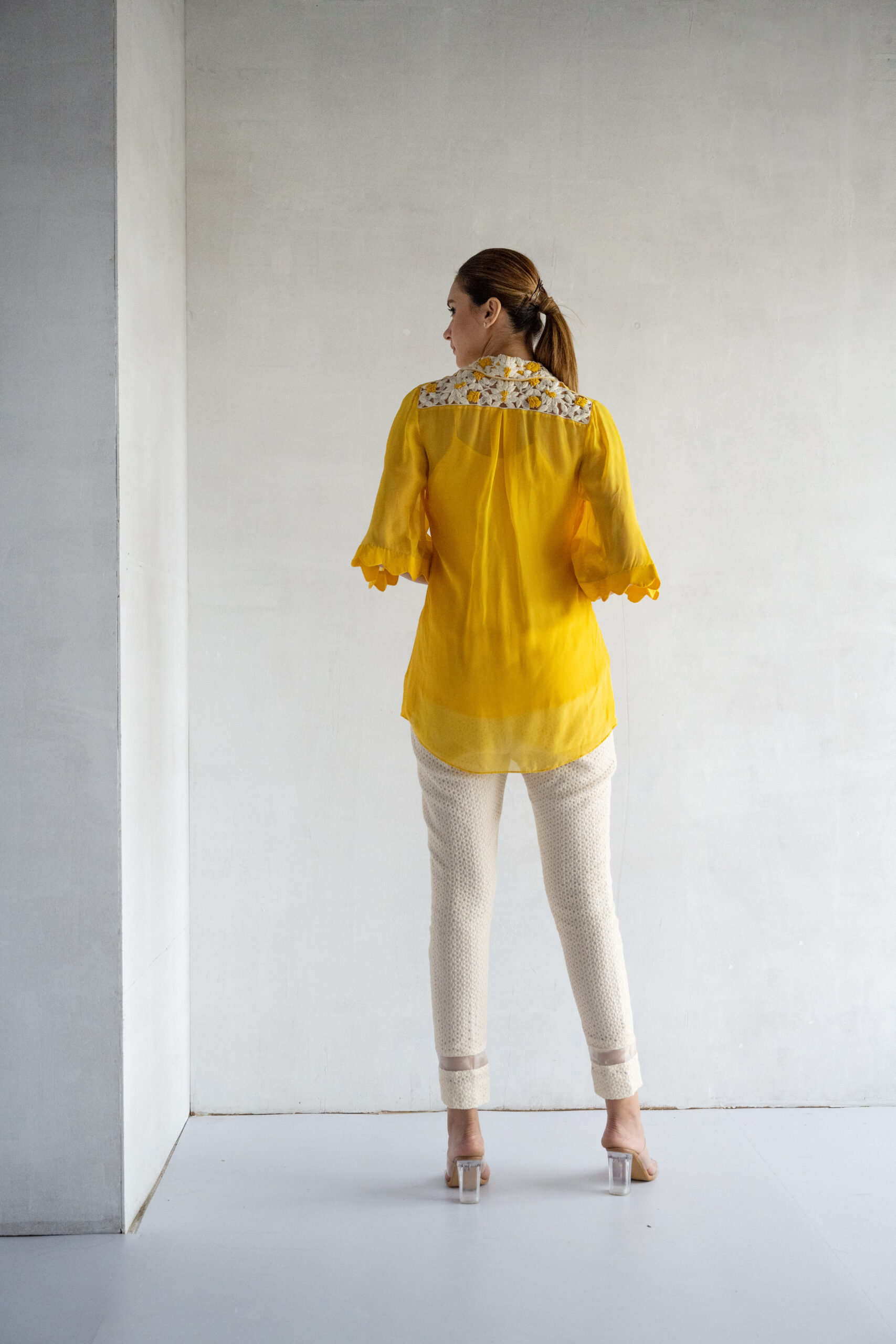 YELLOW-THREAD AND PEARL EMBROIDERY -PURE SOFT ORGANZA SHORT SHIRT - Image 4