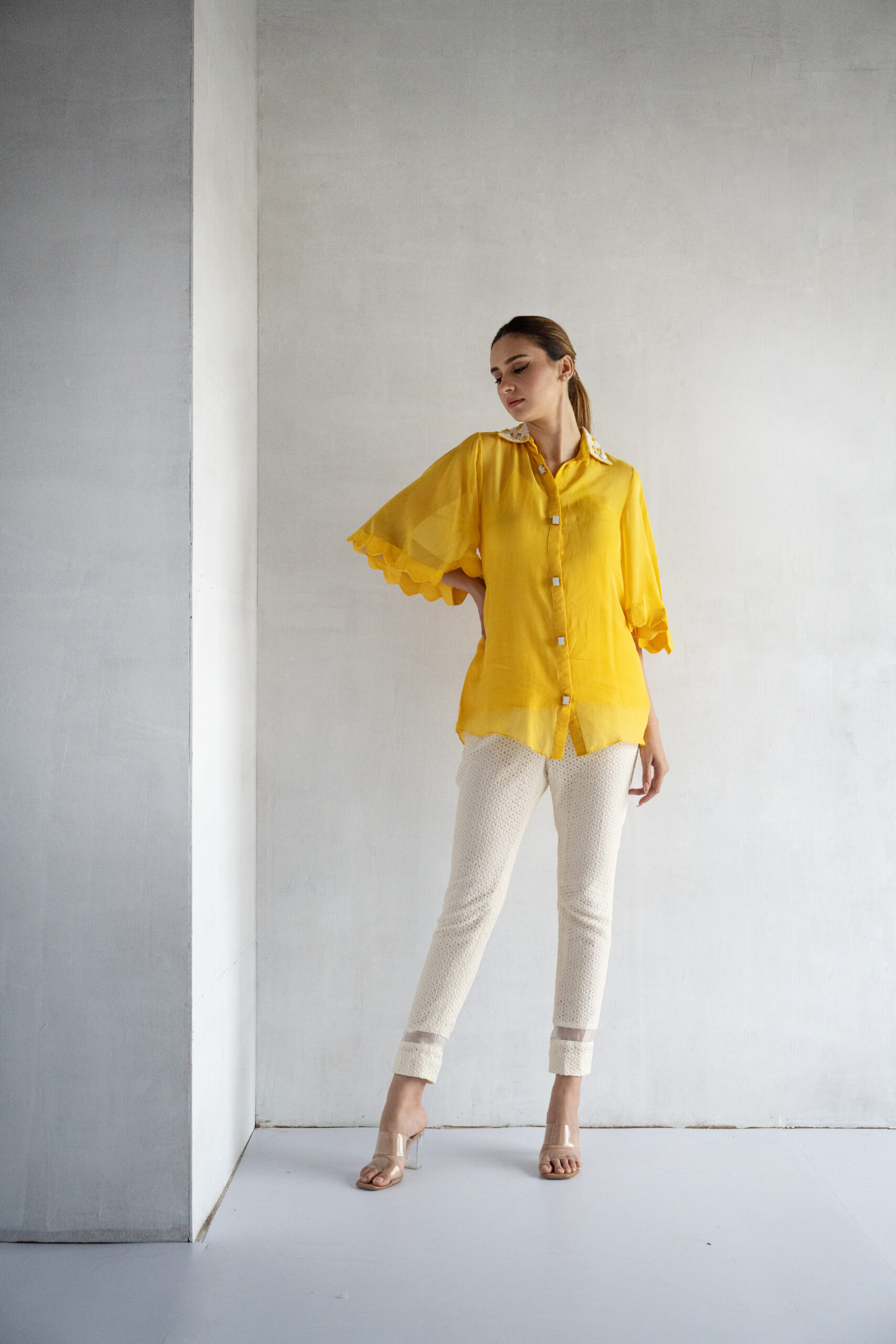 YELLOW-THREAD AND PEARL EMBROIDERY -PURE SOFT ORGANZA SHORT SHIRT - Image 3