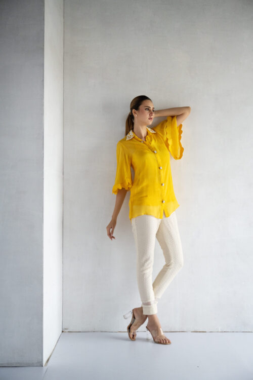 YELLOW-THREAD AND PEARL EMBROIDERY -PURE SOFT ORGANZA SHORT SHIRT