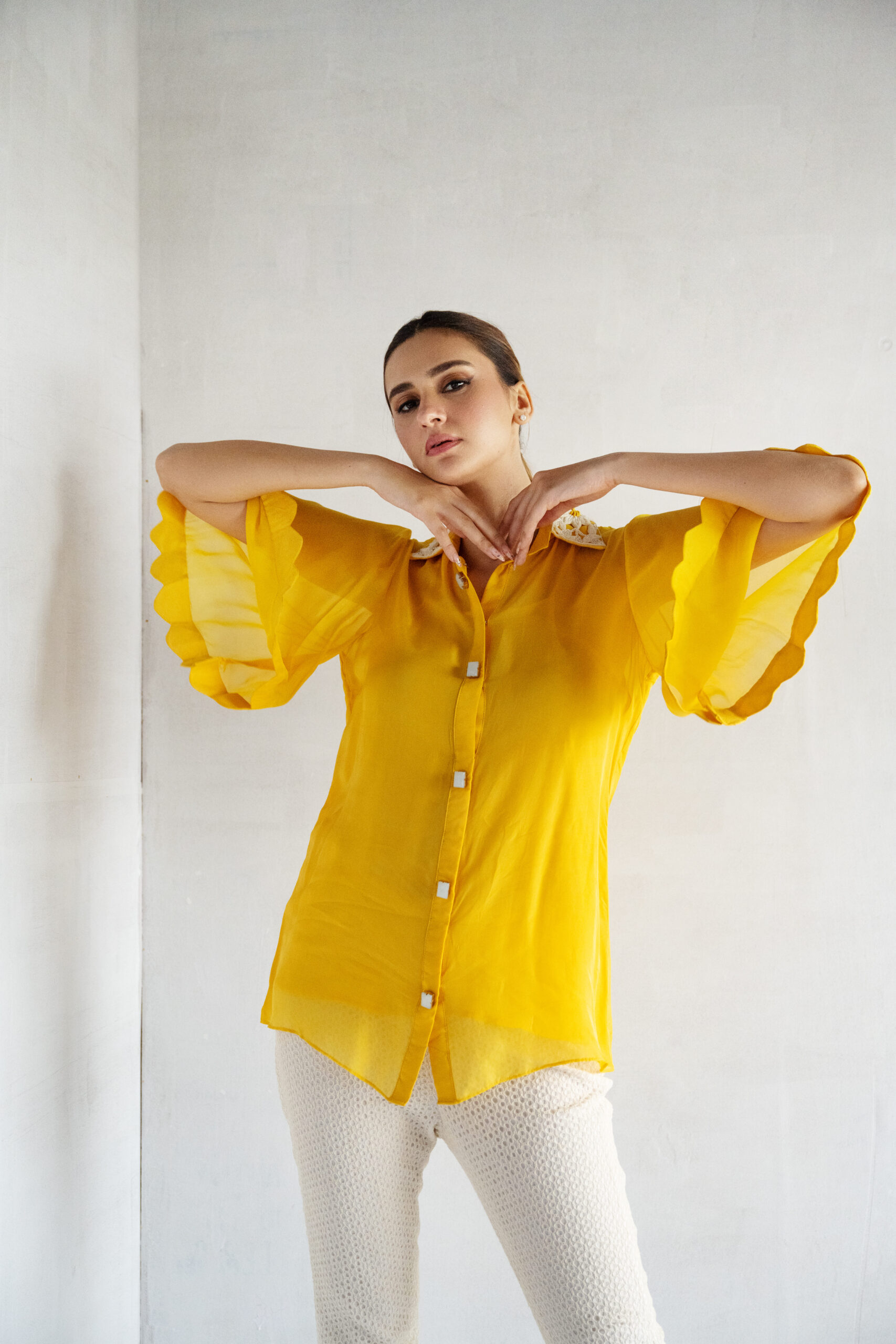 YELLOW-THREAD AND PEARL EMBROIDERY -PURE SOFT ORGANZA SHORT SHIRT - Image 2